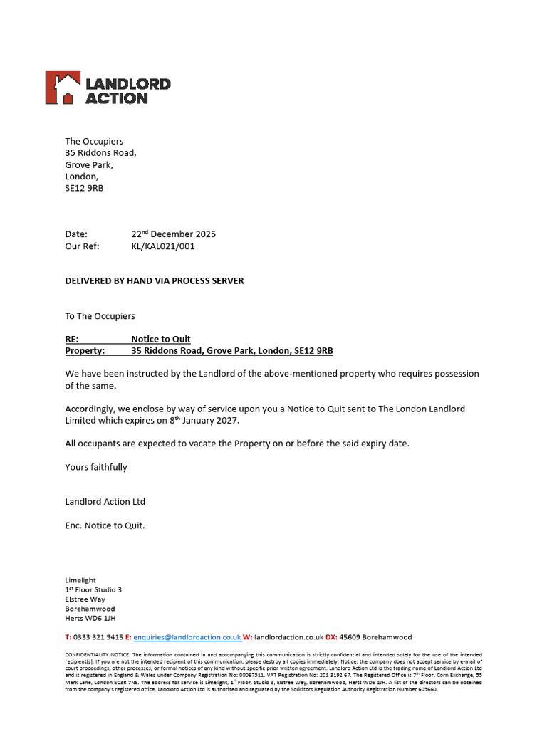 NTQ Occupiers letter | PDF | Eviction | Leasehold Estate