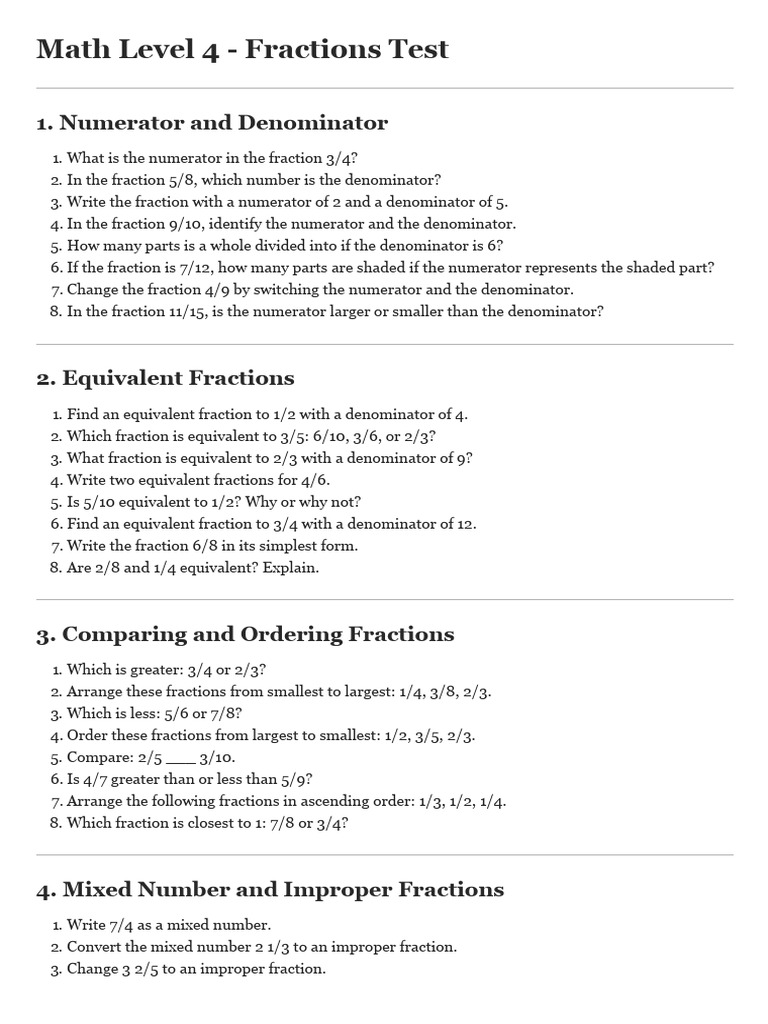 Math Level 4 - Fractions Test | PDF | Discrete Mathematics | Elementary ...