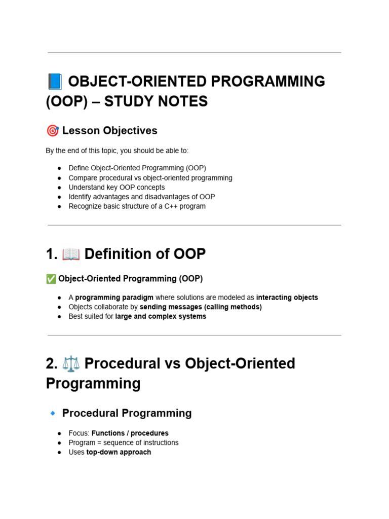Object-Oriented Programming (Oop) – Study Notes | PDF | Object Oriented ...