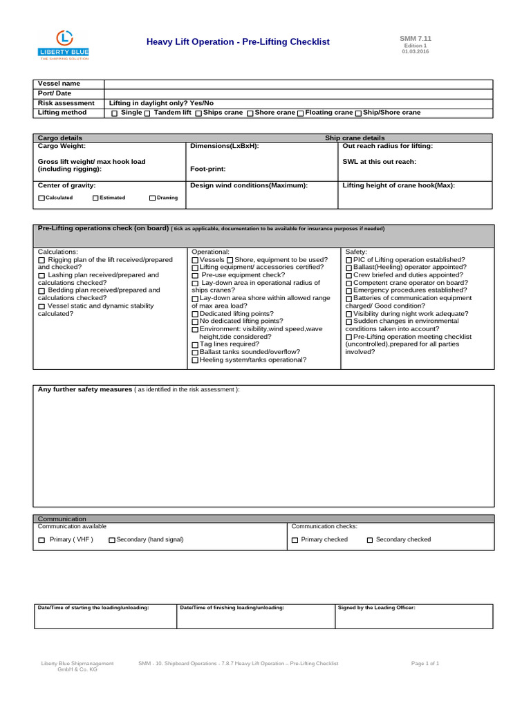 7.11-1 Heavy Lift operation checklist | PDF | Crane (Machine) | Ships