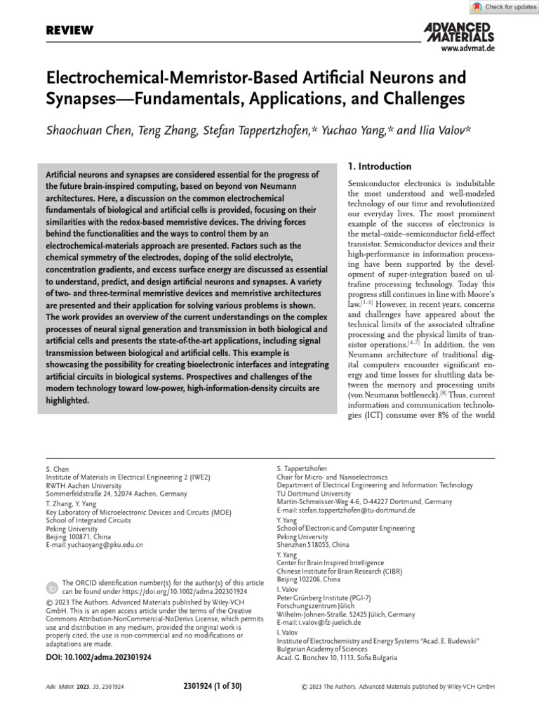 Advanced Materials - 2023 - Chen - Electrochemical‐Memristor‐Based ...