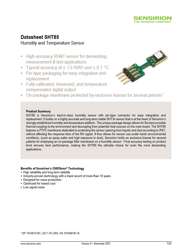 Sensirion_Humidity_Sensors_SHT85_Datasheet | PDF | Transmission Control ...