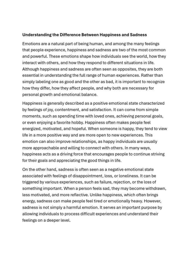 Understanding the Difference Between Happiness and Sadness | PDF ...