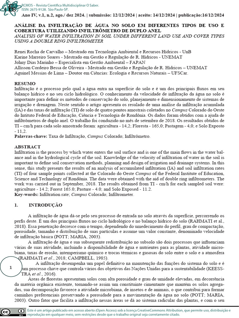 Analysis of Water Infiltration in Soil Under Different Land Use and ...