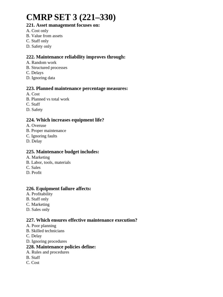 CMRP Set 3 Questions | PDF | Reliability Engineering | Safety
