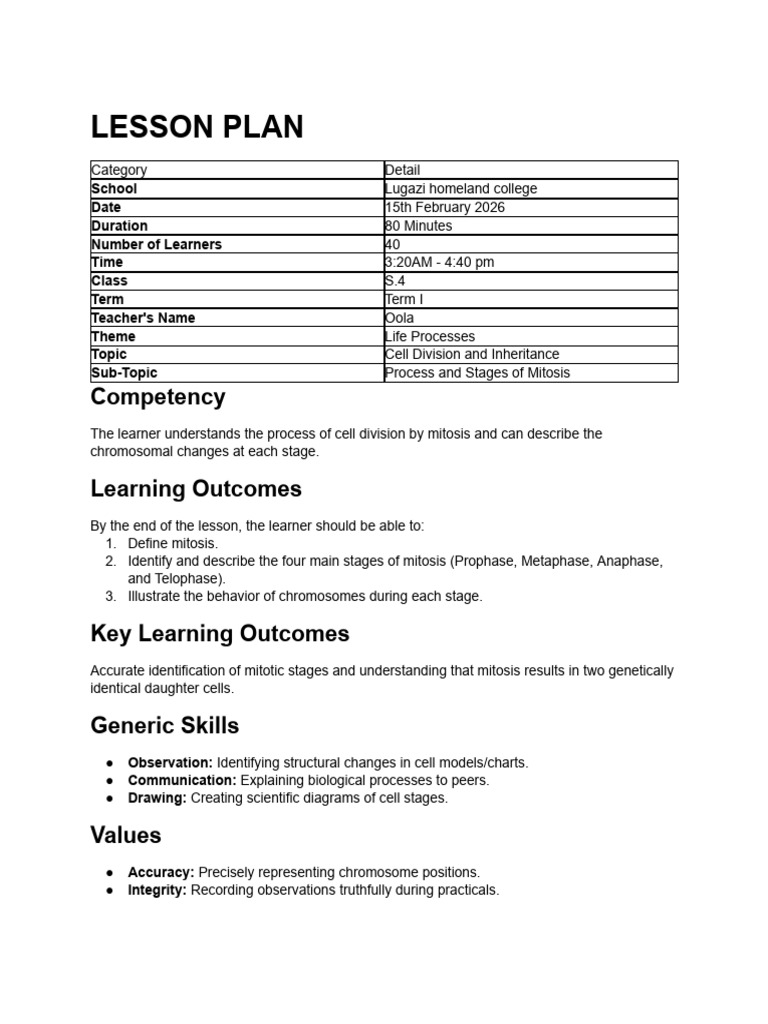 Lesson Plan 1_ Process and Stages of Mitosis | PDF