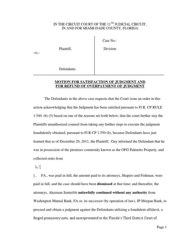 Motion For Satisfaction of Judgment PDF Washington Mutual Chase Bank