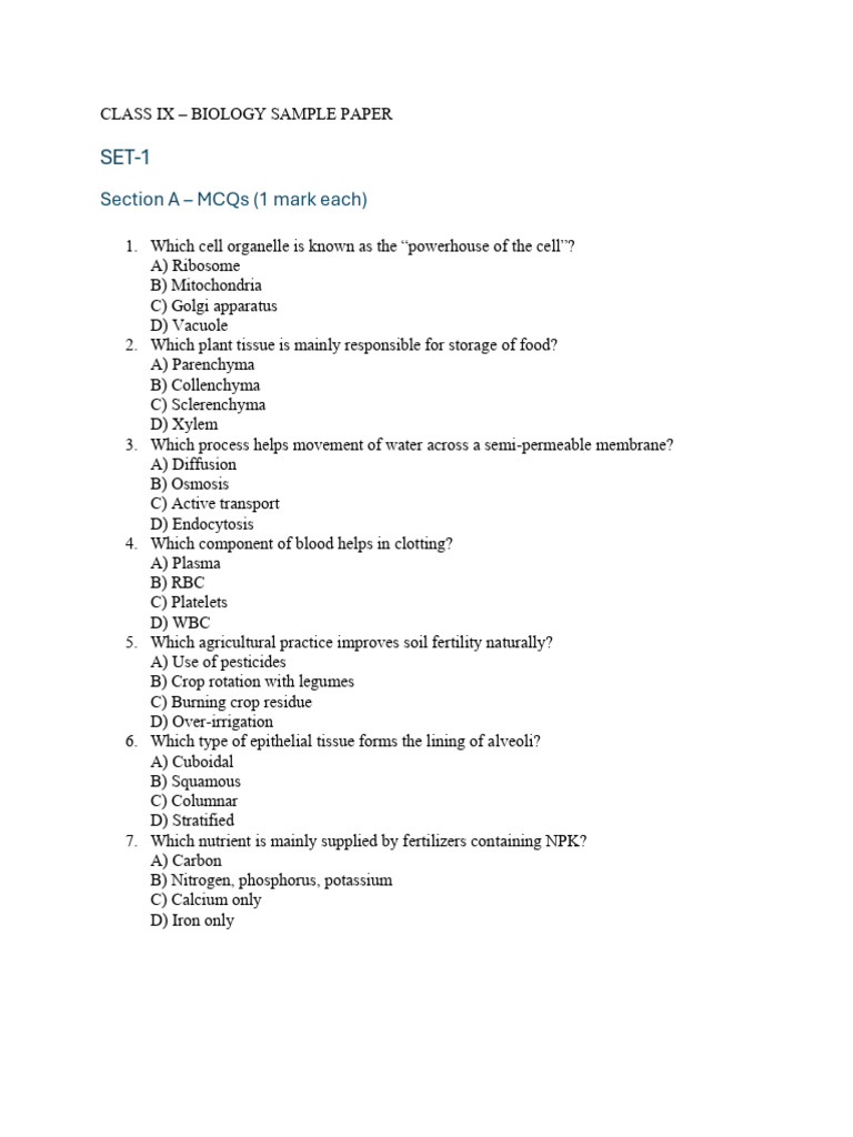 Set -1 Revision Bio Class 9 | PDF