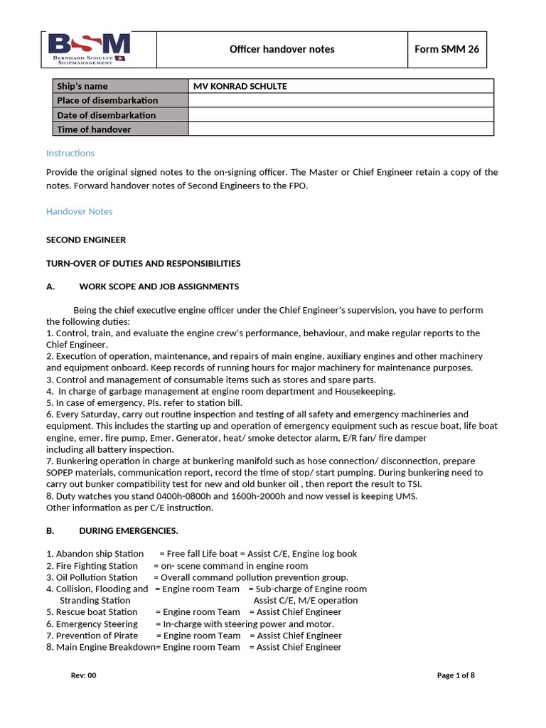 Officer Handover Notes - 2nd Engineer | PDF | Piston | Fuel Oil