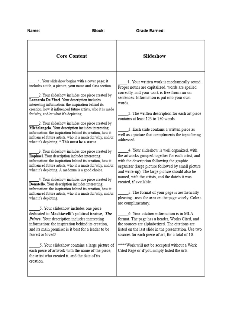 Renaissance Artists Rubric CP | PDF