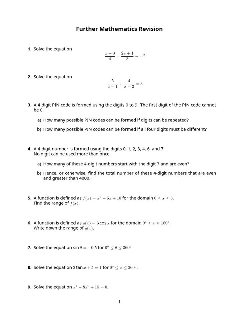 Further Maths Worksheet (1) | PDF