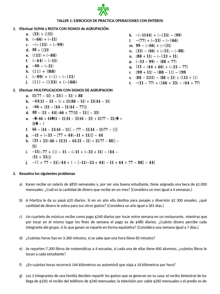 Anexo 1. Ejercicios de Practica Operaciones Con Enteros | PDF
