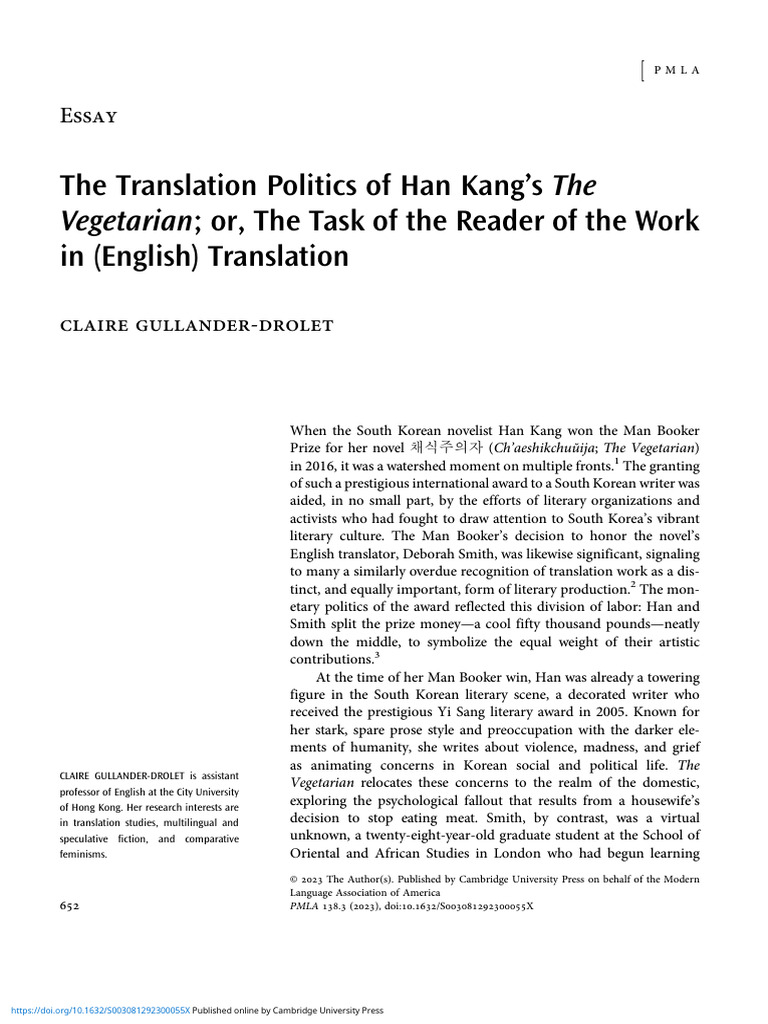 The Translation Politics of Han Kangs the Vegetarian or the Task of the ...