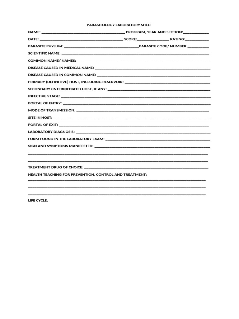 Parasitology Laboratory Sheet | PDF | Medical Specialties | Human ...