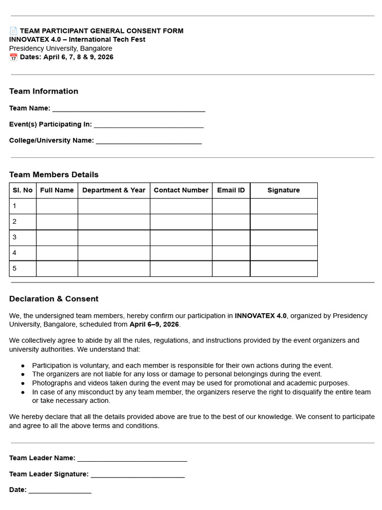 Innovatex 4.0 Team Participant General Consent Form | PDF