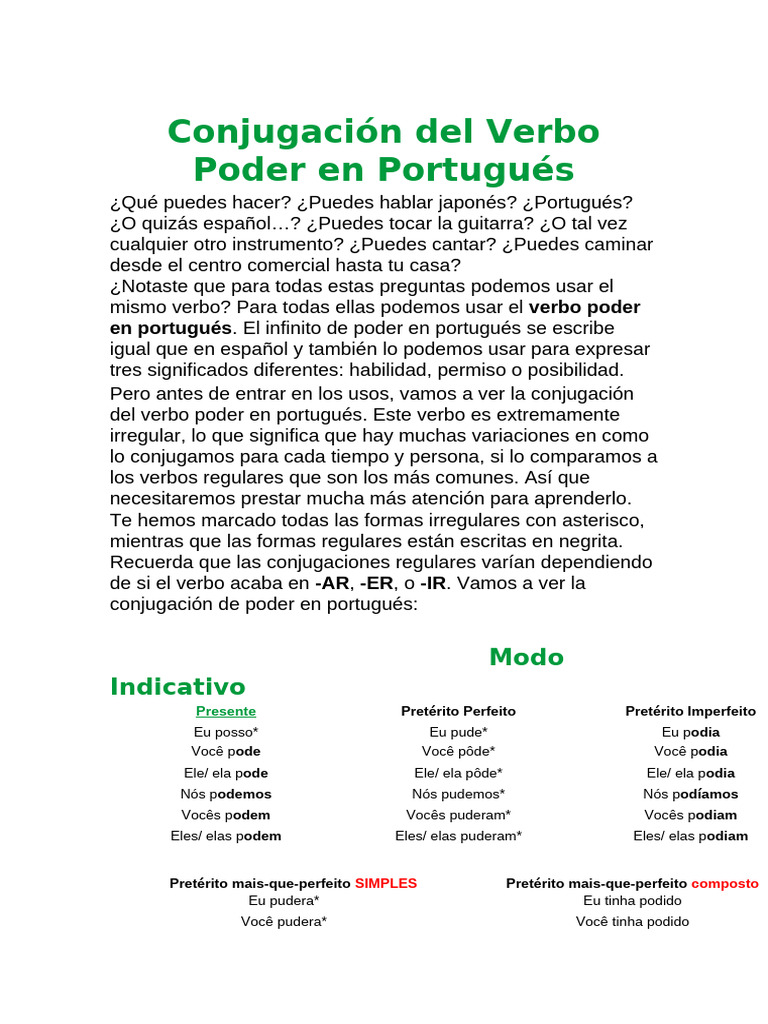 Conjugación del Verbo Poder en Portugués | PDF | Morfologia linguística ...