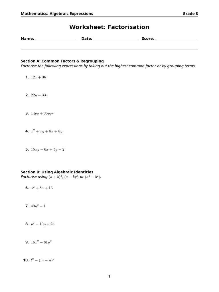 Factorisation Worksheet 260317 133904 | PDF