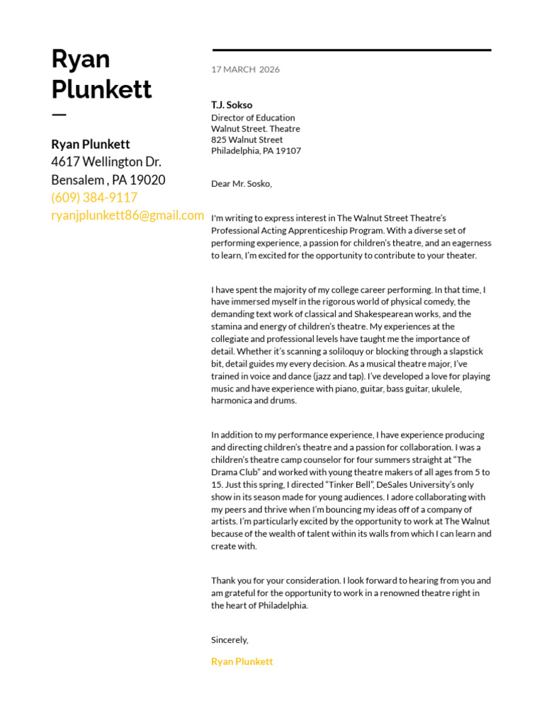 Ryan Plunkett Cover Letter | PDF | Musicology | Performing Arts