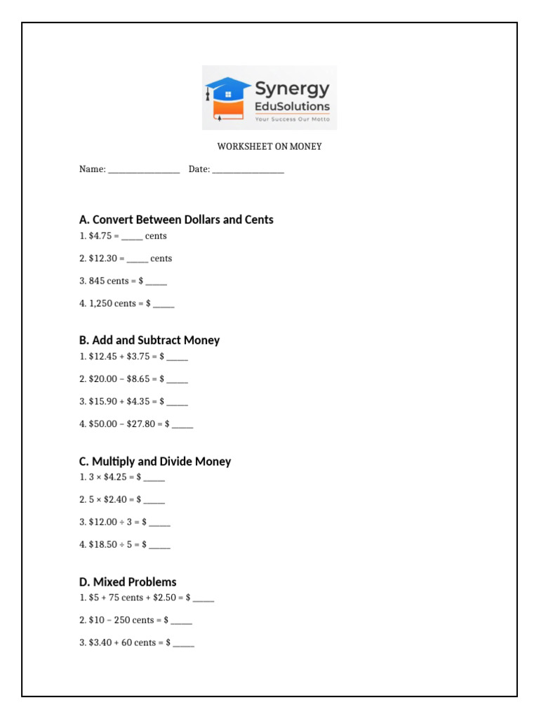 Advanced Dollar Pennies Worksheet Grade5 | PDF