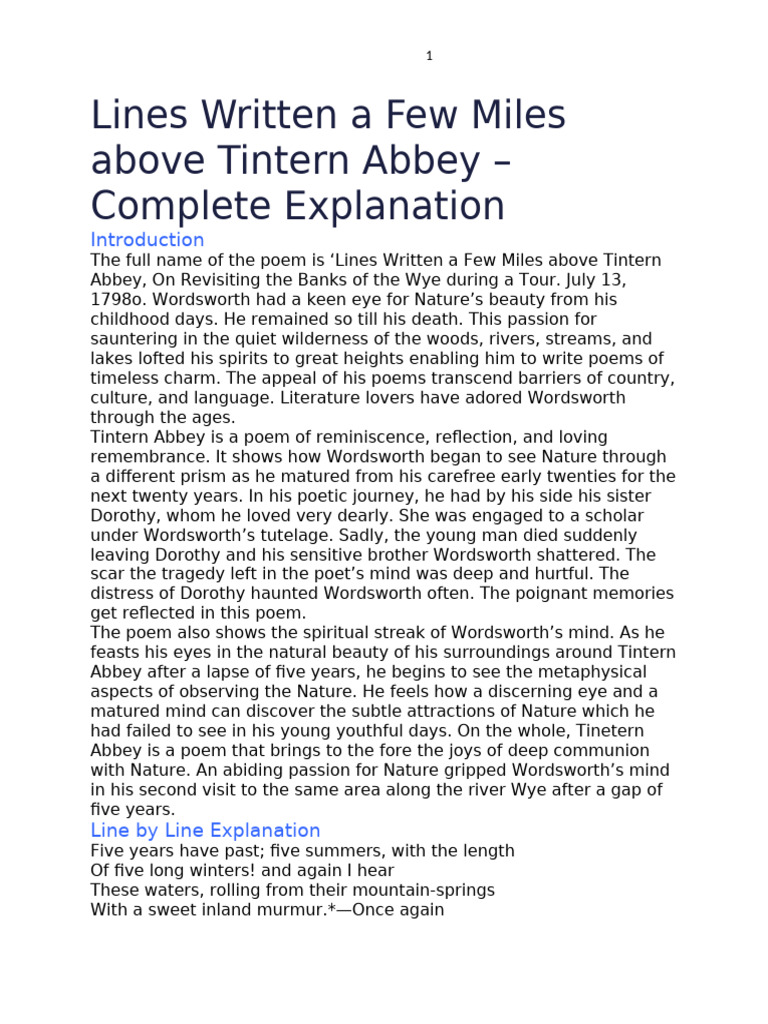 Tintern Abbey Explanation | PDF | William Wordsworth | English Language