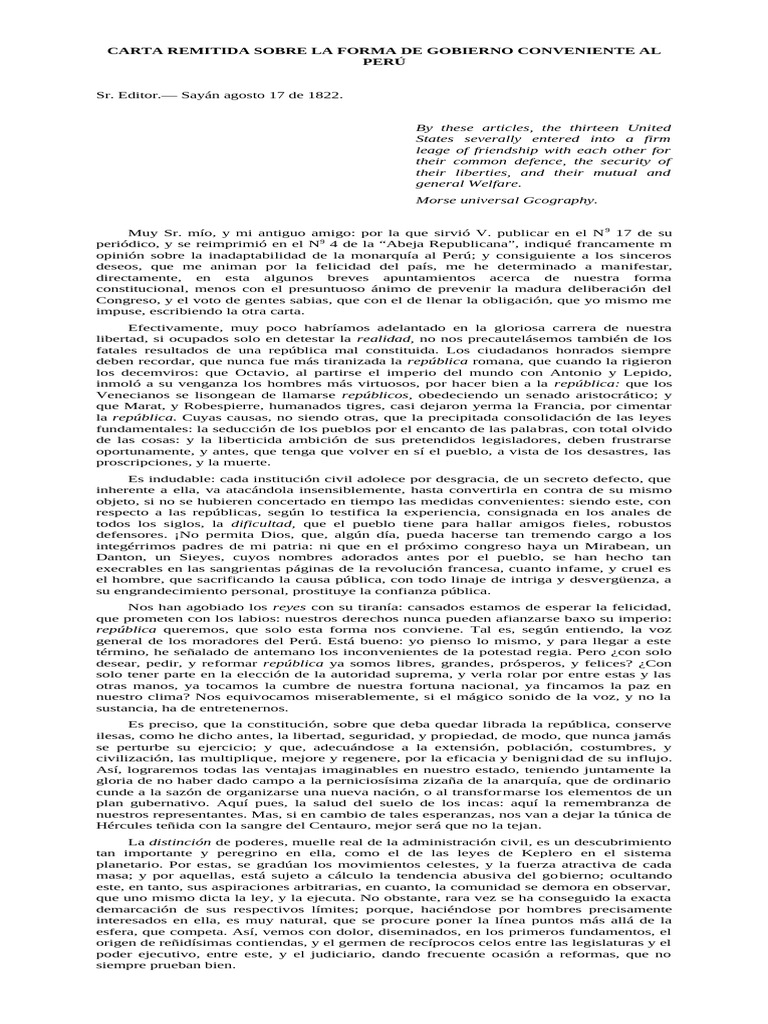 Carta Remitida Sobre La Forma de Gobierno Conveniente Al Peru - Jose ...