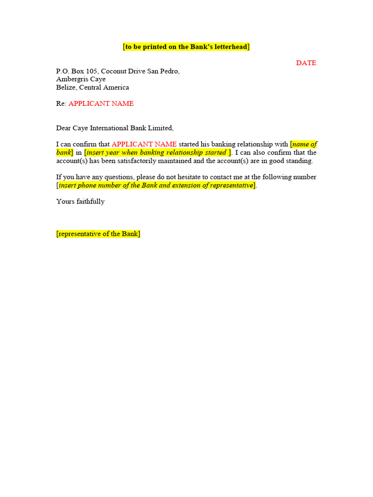 Bank Reference Template | PDF