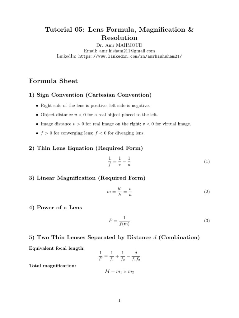 Tutorial 5 Lens Formula Magnification and Resolution | PDF | Imaging ...
