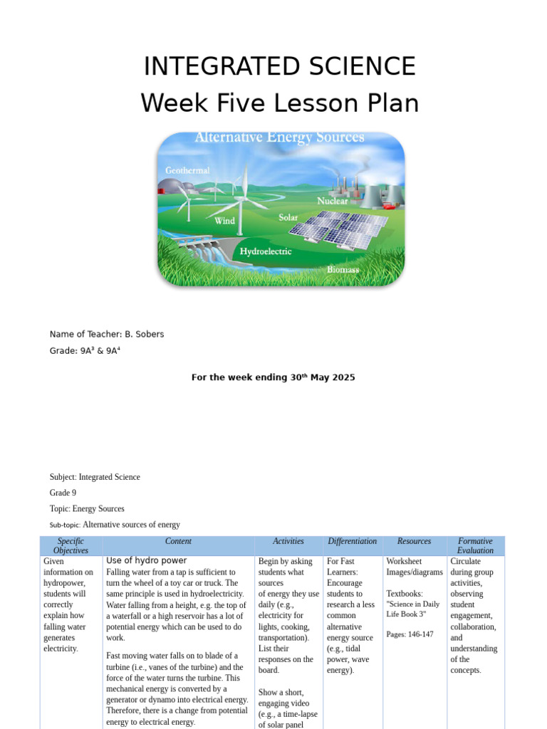 Week 4 Lesson Plan (Integrated Science) | PDF | Hydroelectricity ...