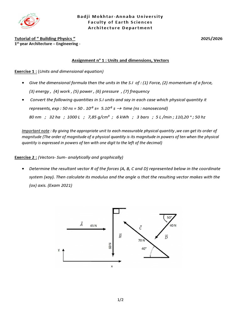 Assignement n°1-Dimensions | PDF | Euclidean Vector | Force