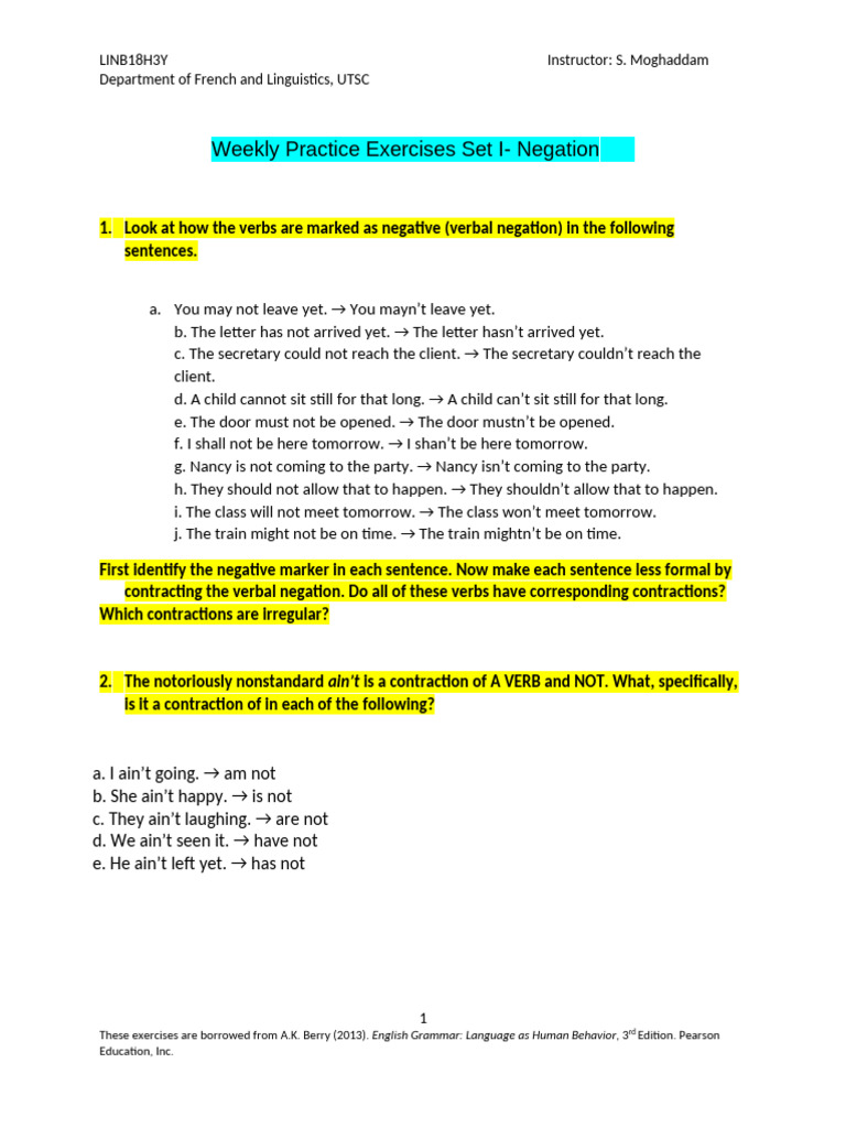 Weekly Practice Exercises-Negation-Set I | PDF | English Grammar ...