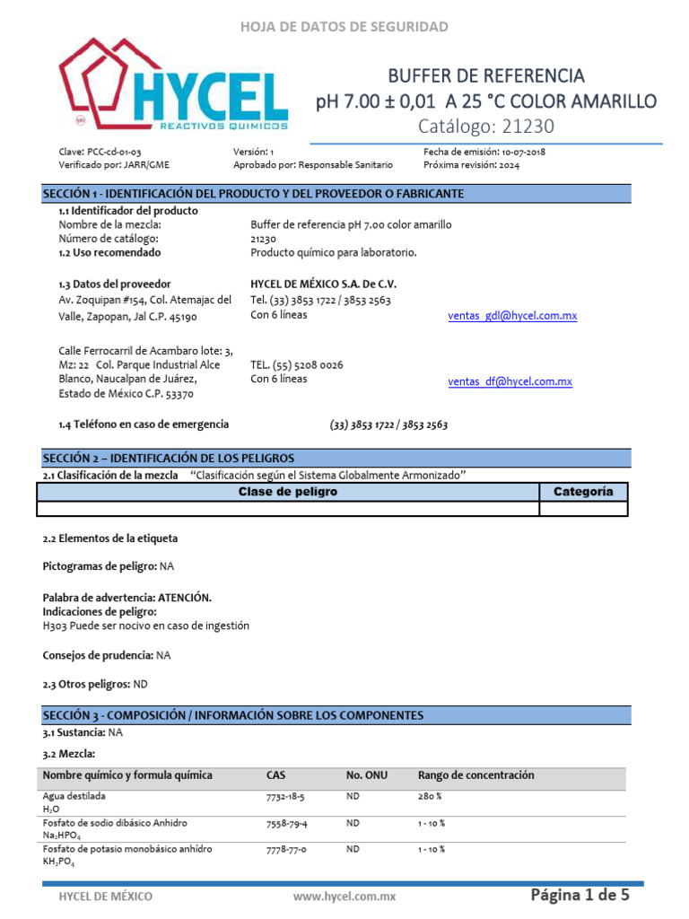 Buffer Ph 7-Hycel | PDF | Agua | Dióxido de carbono