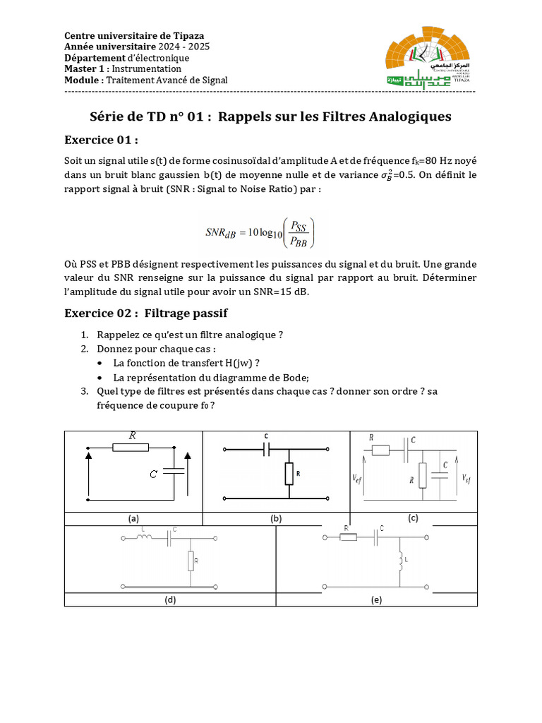 TD 01 | PDF | Filtre (électronique) | Électronique
