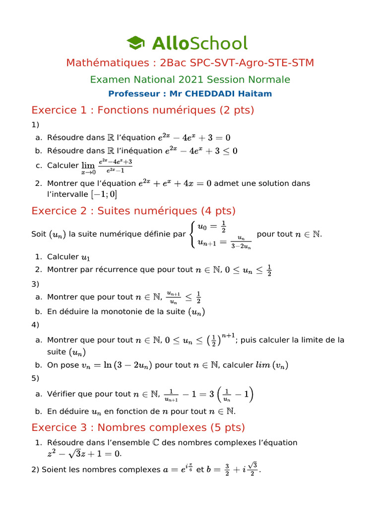 Math 2bac Spc Svt Ste Stm Examen National 2021 Session Normale 2 | PDF ...