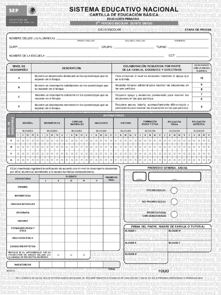 Cartilla de Evaluacion Quinto Grado