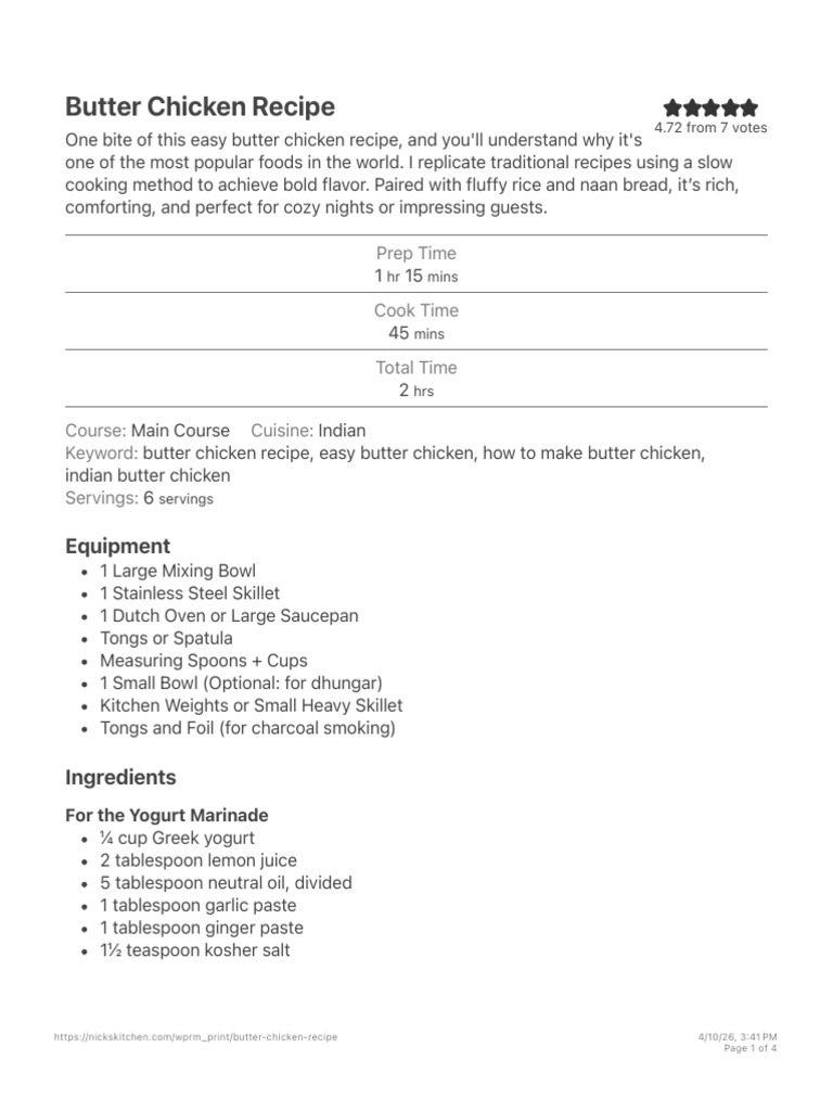 Butter Chicken Recipe - Nick's Kitchen | PDF | Teaspoon | Fat