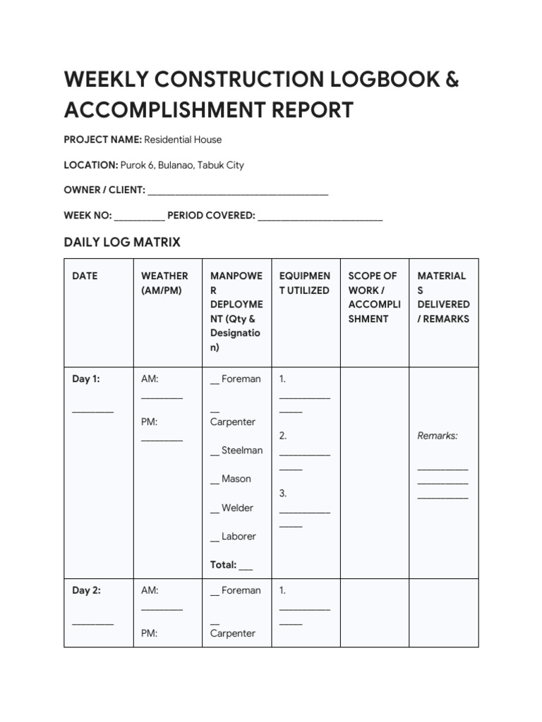 Formal Construction Logbook Template | PDF