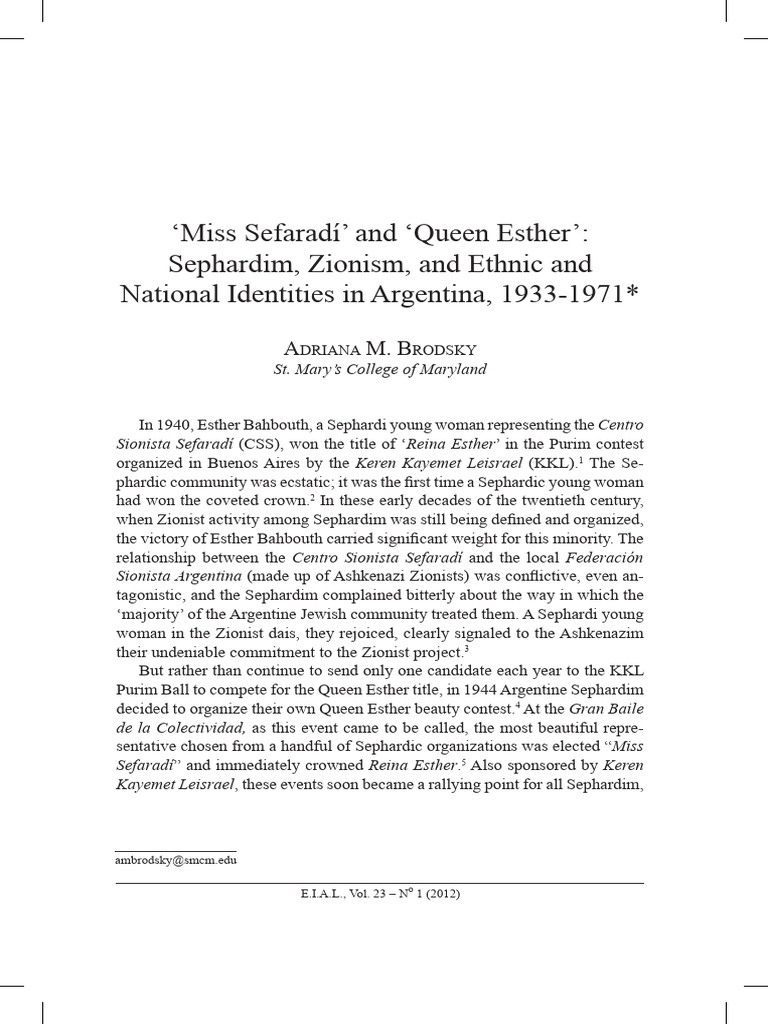 Brodsky - ‘Miss Sefaradí’ and ‘Queen Esther’ Sephardim, Zionism, And ...
