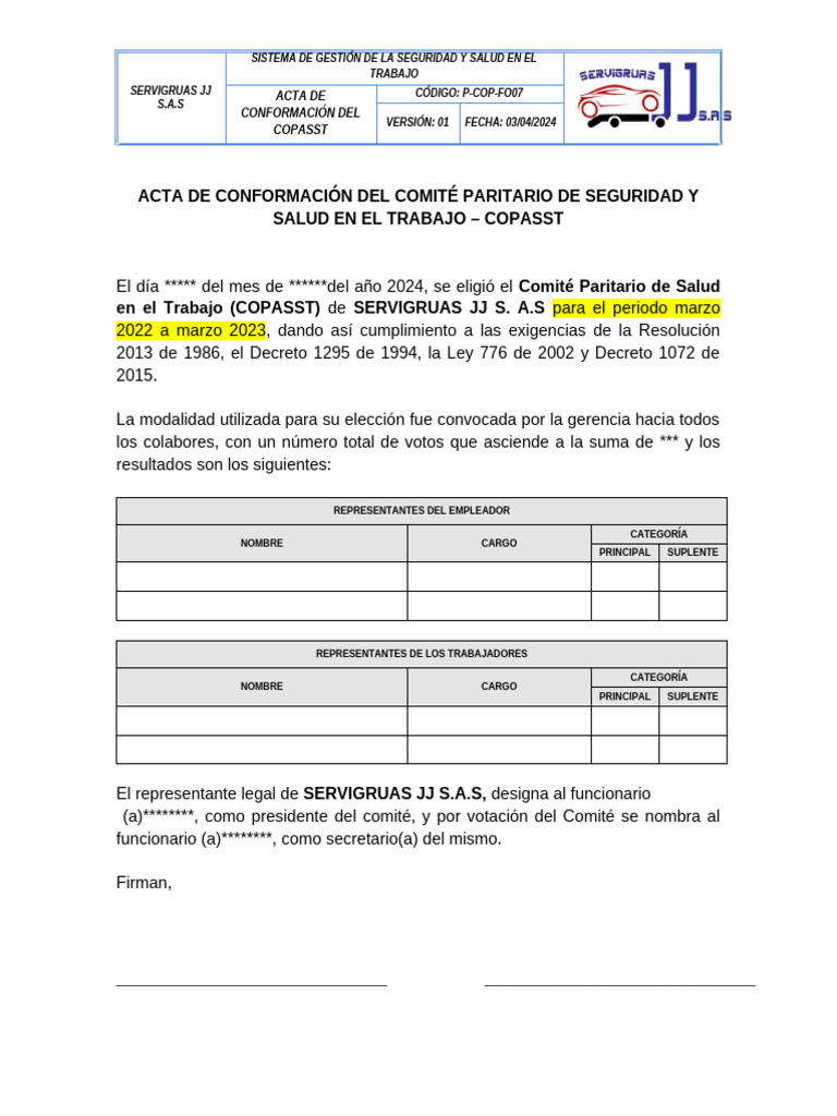 Formato de Acta de Conformación Del COPASST | PDF | Gobierno