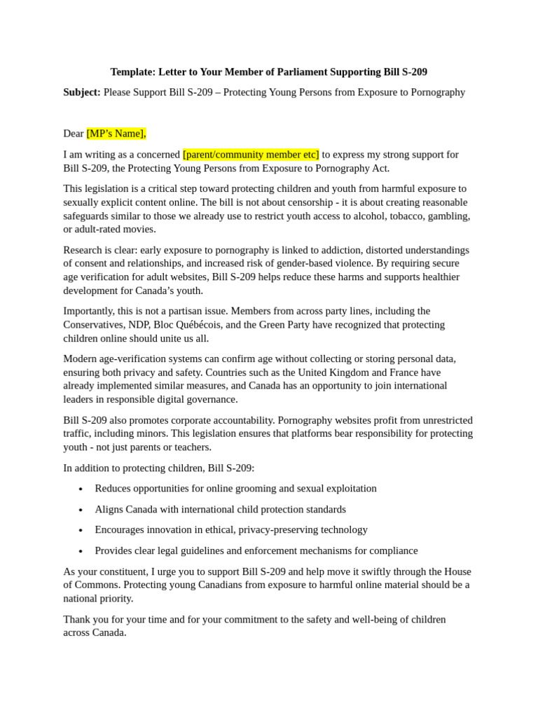 Letter Template to MP Bill S- 209 - November 2025 | PDF
