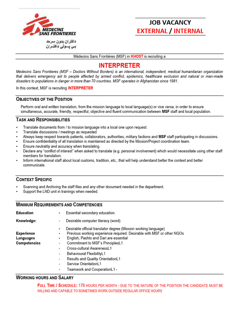 Interpreter Job Vacancy | PDF | Médecins Sans Frontières | Language ...