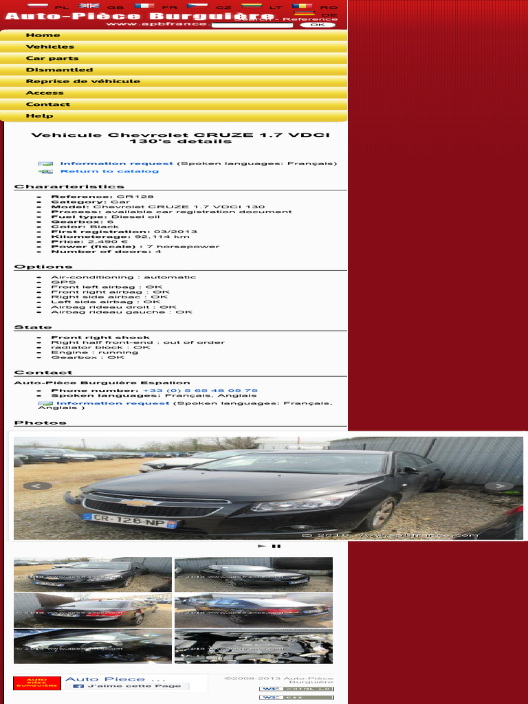 apbfrance.com - Auto-pièce Burguière - Vehicule Chevrolet CRUZE 1.7 ...