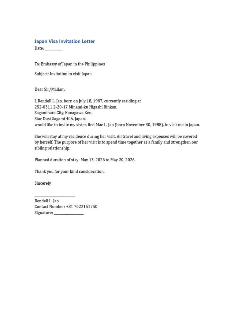 Japan Visa Invitation Letter May13-20 | PDF