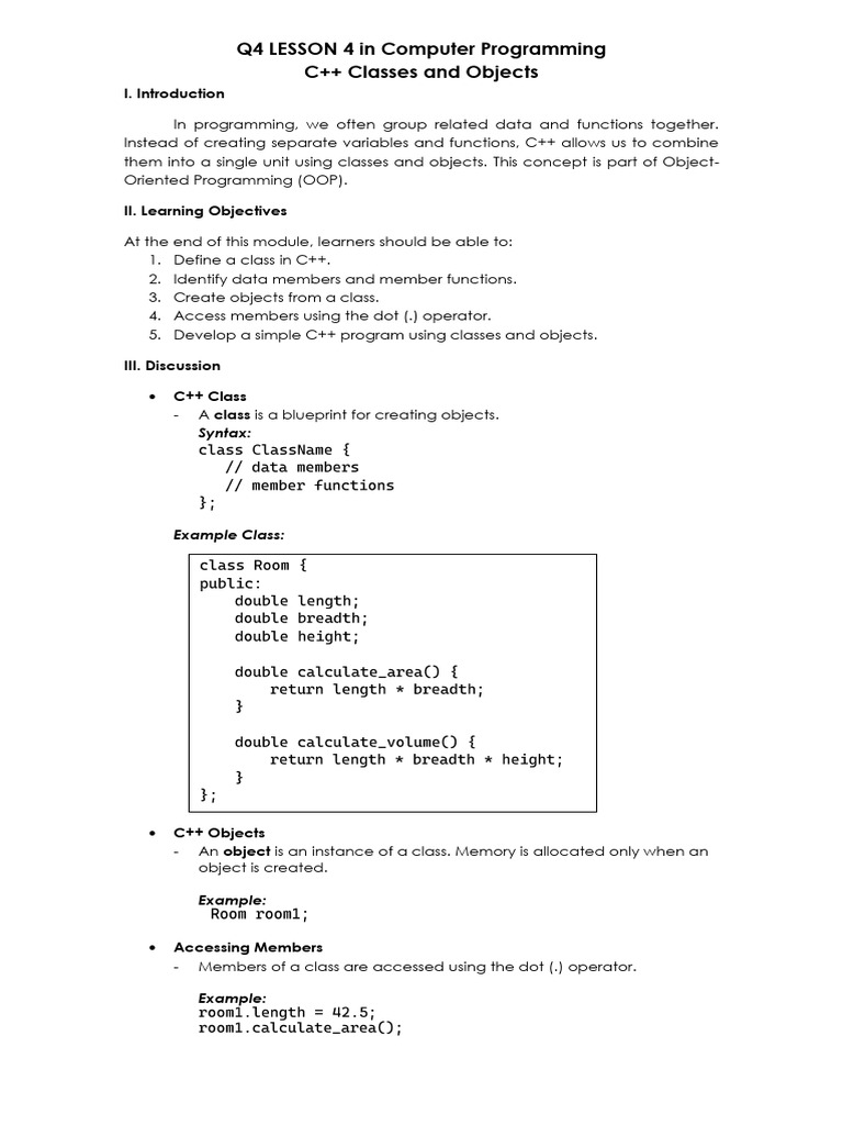 Q4 LESSON 4 Objects and Classes | PDF | C++ | Computer Engineering