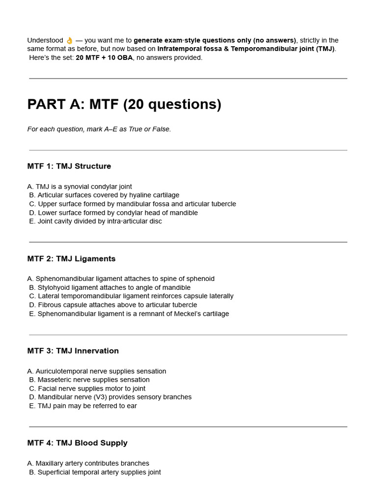 Infratemporal Fossa and Tmj Quiz (1) | PDF | Musculoskeletal System ...