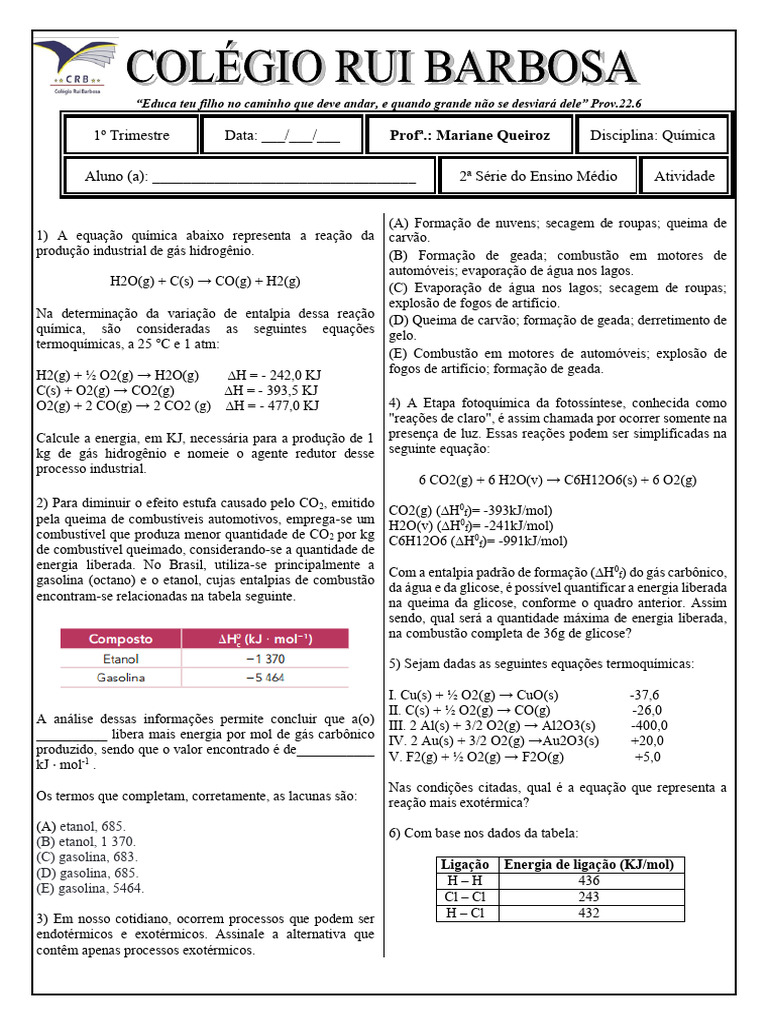 Lista de Exercícios 2 de Química - 2º Ano do Ensino Médio. | PDF ...
