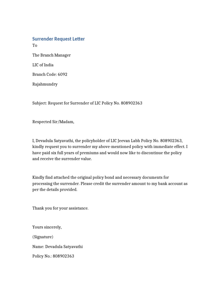 LIC Surrender Request Letter Devadula Satyavathi | PDF
