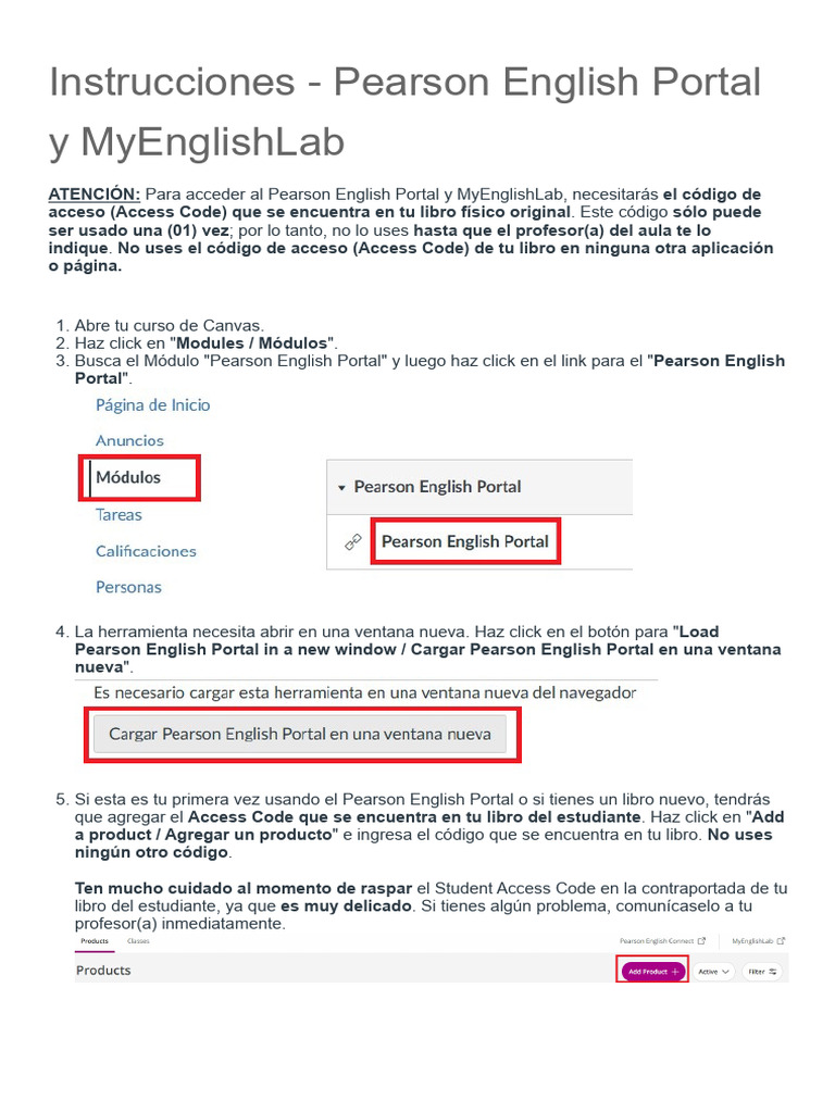 Instrucciones Pearson English Portal y MyEnglishLab | PDF