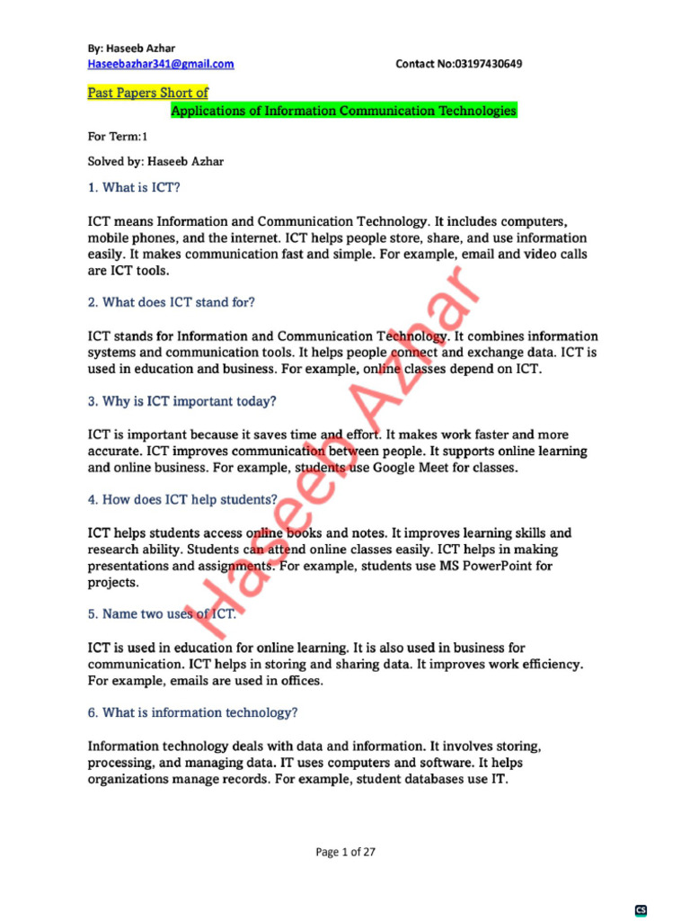Past Papers shorts of applications of ICT for term 1 by Haseeb Azhar | PDF