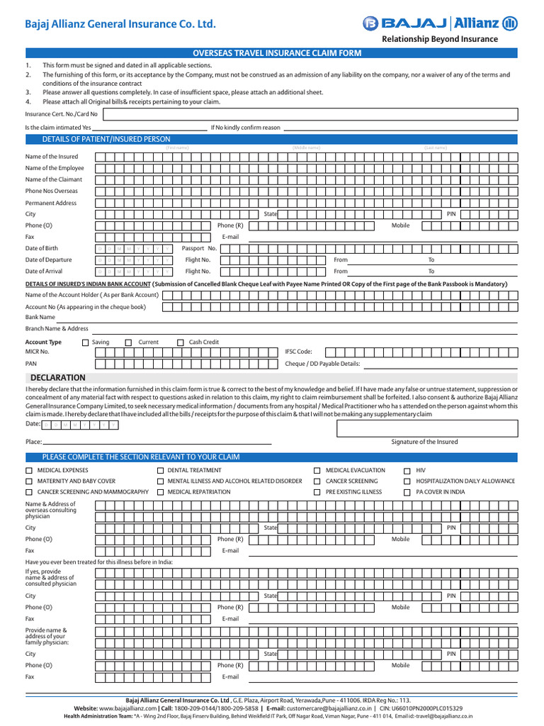 Overseas Travel Insurance Claim Form | PDF | Cheque | Insurance