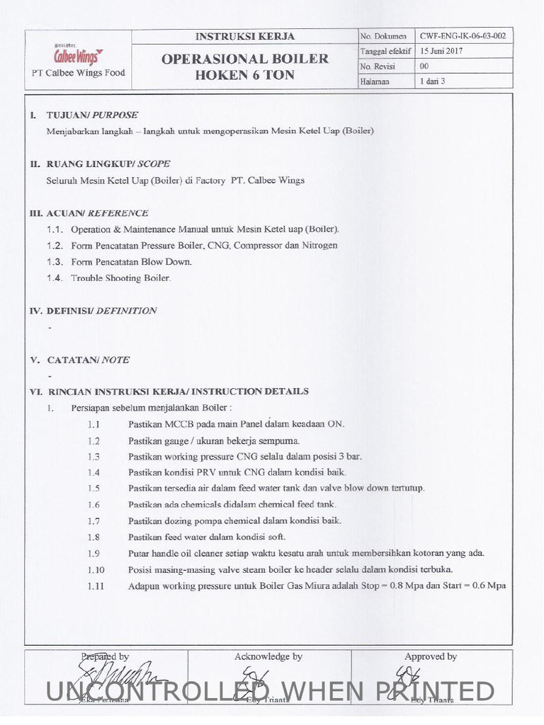 CWF-EnG-IK-06!03!002 Operasional Boiler Hoken 6 Ton Watermark (1) | PDF